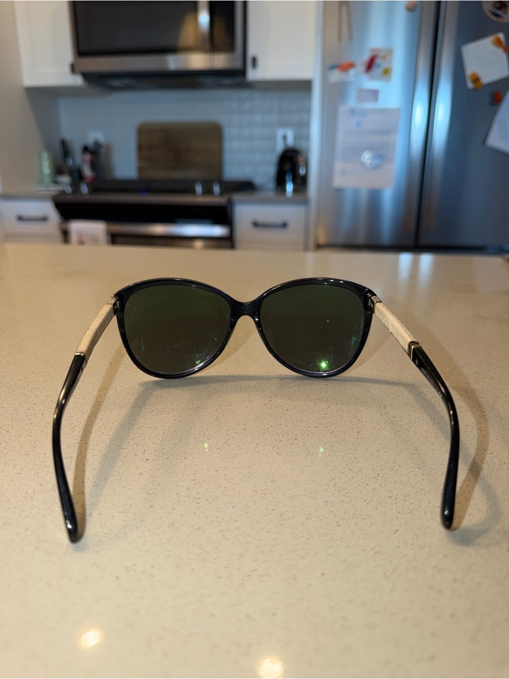CHANEL Black Frame Sunglasses with Beige Textured Temples - Picture 8 of 11